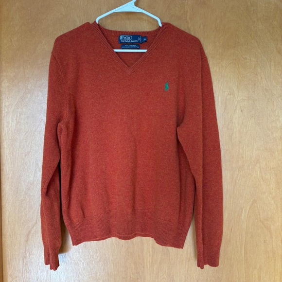 Polo Ralph Lauren Mens Orange Lambswool V Neck Sweater XL - Picture 2 of 7